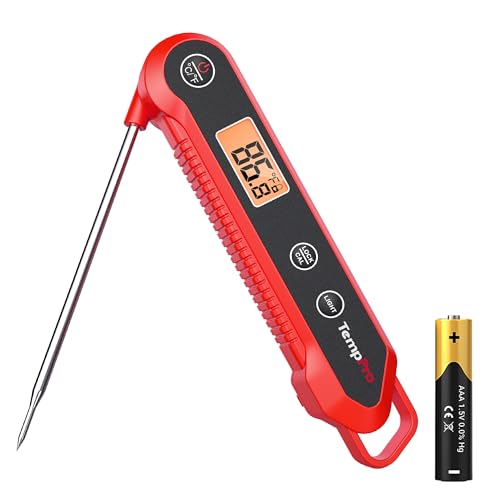 TempPro 1 Second Instant Read Digital Meat Thermometer, ±0.9°F Accuracy, Waterproof & Backlight Food Thermometer for Cooking, Oil Fry Candy Meat Probe for Kitchen, BBQ, Oven, Grill, Smoker - color: Red