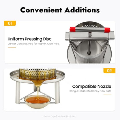 Large Fruit Honey Presser, 304&201 Stainless Steel Honey Press with T-Shape Handle, Manual Honey Extractor Pressing Machine, for Beekeeping, Household Farm, Apiary, Bee Yard