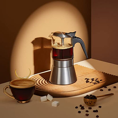 SIXAQUAE Moka Induction Stovetop Espresso Maker With Pressure valve,Crystal Glass-top & Stainless Steel Esprosso Moka Pot,240ml Classic Italian Coffee Maker - size: 240 ml - Pressure Valve