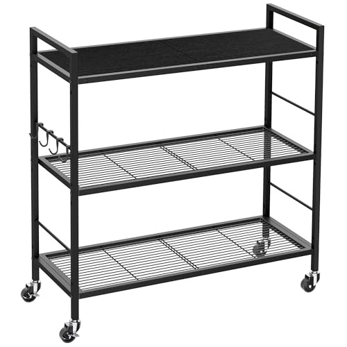 3-Tier Metal Storage Rack with Industrial Wheels,Mesh Shelving Unit with Wooden Table top,Adjustable Shelf,31.5-Inch Width, for Kitchen, Laundry,Pantry,Plant,Black panel and black frame - color: Black Panel, size: 3 Tier (31.5"W x 11.8"D)