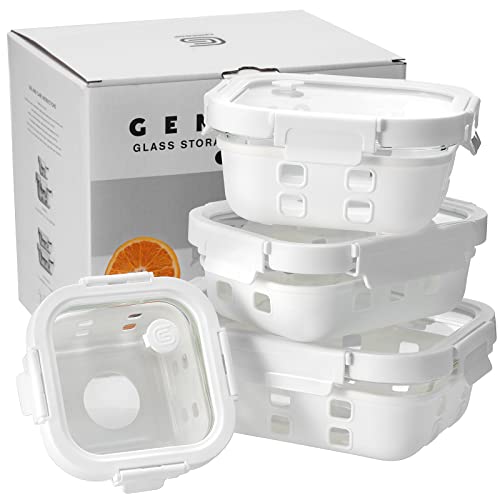 GENICOOK Glass Food Storage Meal Prep Containers - Food Grade Silicone Wrap & Air Release Vent, Rectangular shape - 8 Pc Set (4 Containers - 4 Matching Lids) - color: White silicone