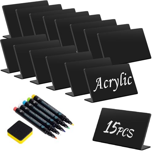 15 Pcs Acrylic Mini Chalkboard Labels for Food, 3x5 Inch Food Label Table Sign Cards, Mini Chalkboard Labels, Reusable Buffet Displays, Bright Black, Includes 5 Liquid Chalk Markers - color: Black