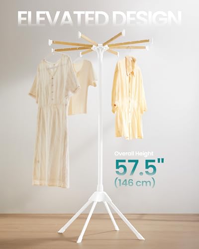 SONGMICS Clothes Drying Rack, with Bamboo Hanging Rods, Foldable Metal Laundry Rack, Space-Saving, Free-Standing Airer, Indoor Use, White and Natural ULLR516W01 - size: 1 Tier