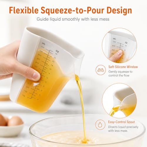 Silicone Measuring Cup Set, 1 Cup & 3 Cup Flexible Liquid Measuring Cups with Spout, BPA Free Silicone + PP Hybrid Design, Clear Cup & ml Markings for Cooking, Baking and Kitchen Use