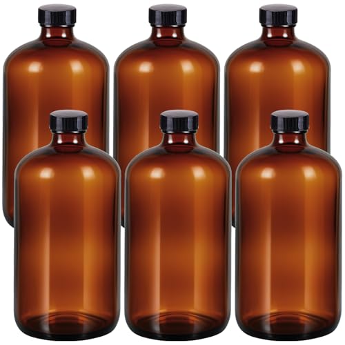 6 Pack 32 oz Amber Glass Bottles with Lids, Boston Round Glass Bottles with Black Caps for Secondary Kombucha Fermentation and Lab Chemicals