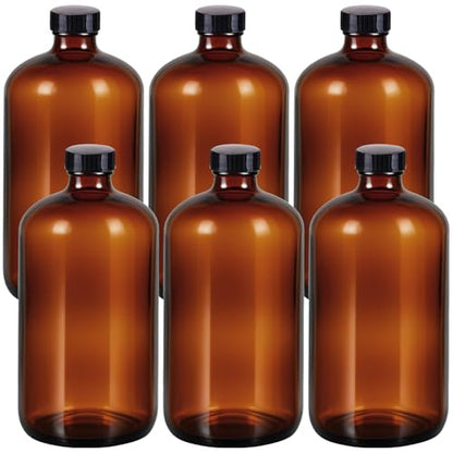 6 Pack 32 oz Amber Glass Bottles with Lids, Boston Round Glass Bottles with Black Caps for Secondary Kombucha Fermentation and Lab Chemicals