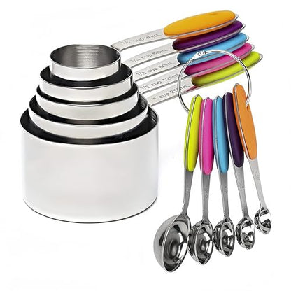 RUNZI 10 Pcs Measuring Cups and Spoons Set,Stackable Metal Measure Cup for Measuring Dry and Liquid Ingredients，Used Kitchen Dry Food, Cooking Baking Measurements,Silvery - color: Silvery-10pcs