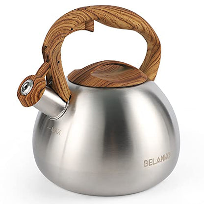 BELANKO 2.7 Quart Tea Kettle for Stovetops - Food Grade Stainless Steel Teapot with Loud Whistle, Cool-Touch Wood Pattern Handle, Rust-Resistant Whistling Kettle - Classic Silver - color: Classic Silver