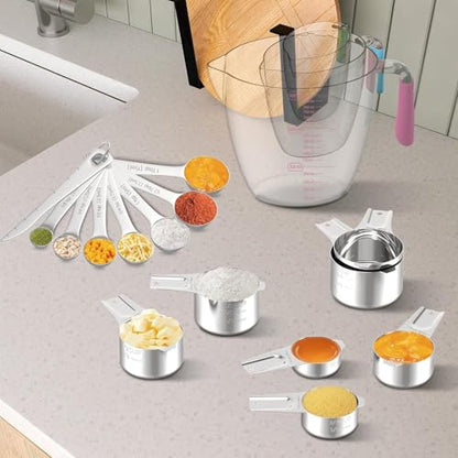 Stainless Steel Measuring Cups and Spoons Set, 6 Stainless Steel Measuring Cups, 7 Measuring Spoons & 1 Leveler, 3 Plastic Measuring Cup with 1 Measuring Conversion Chart - color: Sliver-Round Measuring Spoons and Cups Set