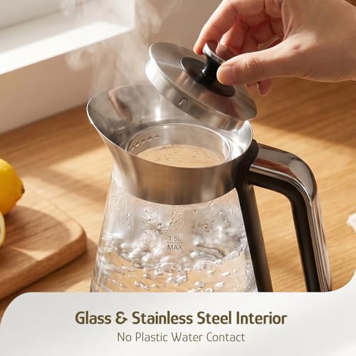 Hazel Quinn Glass And Stainless Steel Electric Kettle, 1.5 Liters Tea Kettle And Hot Water Kettle, BPA-Free, ±1°C Temp Control, 24H Keep Warm, 1000W Fast Quiet Boil, Anti-Residue Bottom, Auto Shut-Off