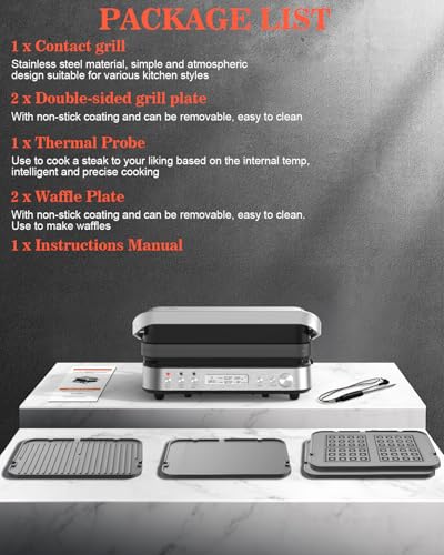CATTLEMAN Panini Press Grill Sandwich Maker with Removable Plates, 1600W, 6 in 1 Indoor Grill with Meat Thermometer, Electric Contact Grills for Kitchen, Stainless Steel - color: Silver with Waffle Plates
