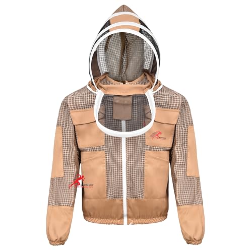 3 Layer Bee Jacket with Fencing Veil and One Pair of Gloves Beekeeping Jacket for Beginer and Professional Fully Protective Jacket Sting Proof Bee Jacket Ventilated Beekeeper Jacket (Khaki, 3X-Large) - color: Khaki, size: 3X-Large