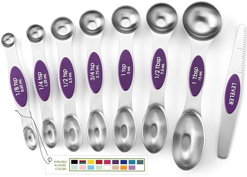 Spring Chef Purple Stainless Steel Magnetic Measuring Spoons Set of 8 with Leveler, Dual Sided Metal Teaspoon & Tablespoon Measuring Spoons, Kitchen Gadgets for Baking & Cooking, Fits in Spice Jars - color: Purple, size: 1-Pack