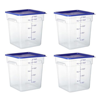 4 Pack 18 Qt Square Polycarbonate Food Storage Containers with Lids | Clear BPA-free PC with lids, side handles, measurement scale and stackable design; for food prep, storage and freezer use. - color: 18Qt