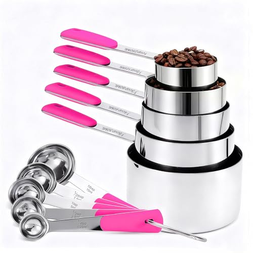 Bopei Measuring Cups and Spoons Set Stainless Steel 10 Piece for Cooking and Baking (5 Cups + 5 Spoons, Pink Handle) - color: Pink