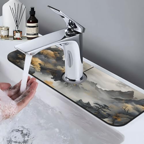 Kitchen Sink Faucet Mat Splash Guard, Chinese Style Ink Painting Of Mountain Pine Trees Super Absorbent Drying Mat, Non-Slip Drain Pad for Bathroom Counter - color: Ink Painting