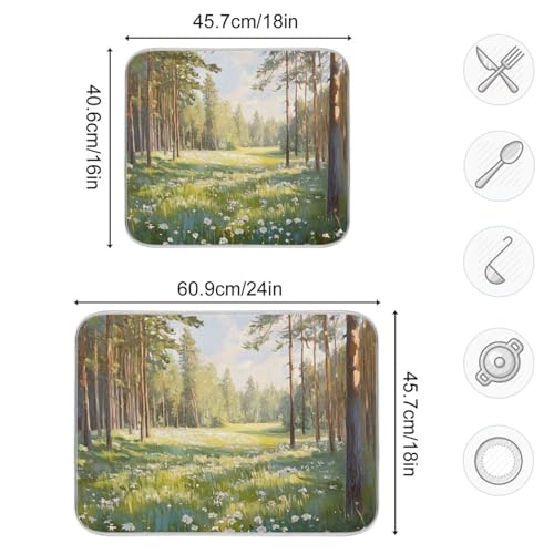 Pine Tree Field Dish Drying Mat for Kitchen Counter Super Absorbent Draining Mat with Non-slip Backed Sink Tray Mat for Dish Bottles Cups Bowl Countertops Sinks Draining Racks