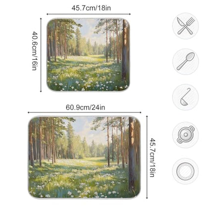 Pine Tree Field Dish Drying Mat for Kitchen Counter Super Absorbent Draining Mat with Non-slip Backed Sink Tray Mat for Dish Bottles Cups Bowl Countertops Sinks Draining Racks