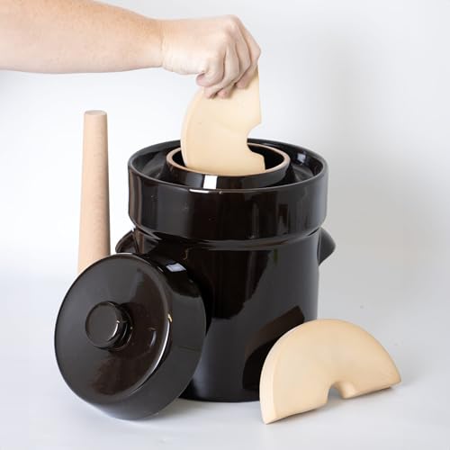 Lehman's European Style Fermentation Crock Set with Wooden Stomper and Fitted Weights, Set to Preserve Sauerkraut Pickles Kimchi and More (1 Gallon) - size: 1 Gallon