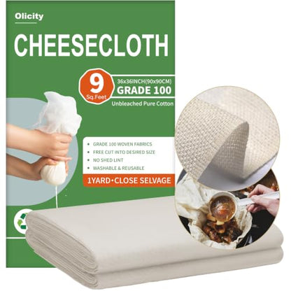 Olicity Cheese Cloths, Grade 100, 36x36Inch, Reusable Cheese Cloth with Closed Edges Fabric Fine Mesh Cloth, Unbleached Cotton Muslin Cheesecloth for Straining, Cooking, Yogurt, Herbs,Crafts - 9 Sq.Ft