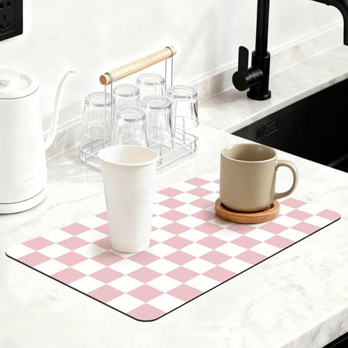 12" x 20" Checkered Dish Drying Mat for Kitchen Counter, Absorbent Coffee Bar Mat for Espresso Machine Coffee Countertops Accessories, Pink - color: Pink, size: 12" x 20"