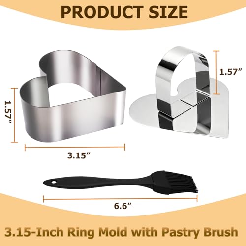5 Pieces Heart-Shaped Food Molds Set, 3.15-Inch Cake Ring Mold, Stainless Steel Cooking Rings with Pastry Brush for Cookie & Baking - size: 3.15In-5 Pieces Heart-Shaped