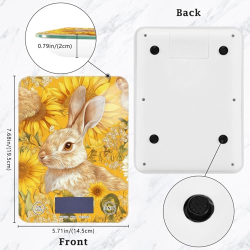 Yellow Sunflowers Bunny Food Scale Kitchen Digital Scale Food Ounces and Grams Dieting Baking Cooking Waterproof Glass Panels LCD Display,4 Units Tare Function - color: Yellow Rabbit Sunflower