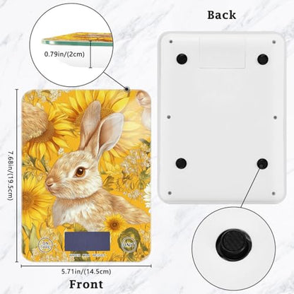 Yellow Sunflowers Bunny Food Scale Kitchen Digital Scale Food Ounces and Grams Dieting Baking Cooking Waterproof Glass Panels LCD Display,4 Units Tare Function - color: Yellow Rabbit Sunflower