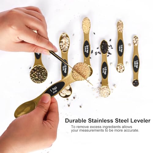 Magnetic Measuring Spoons Set Stainless Steel with Leveler, Stackable Metal Tablespoon Measure Spoon for Baking, Measuring Cups and Spoon Set Kitchen Gadgets Apartment Essentials Fits - color: Gold