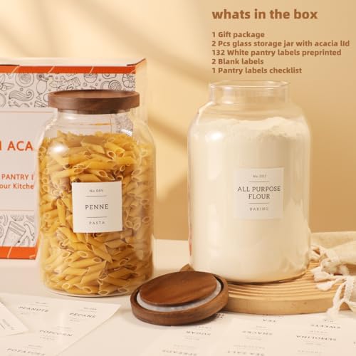 2 Pack Large Glass Flour and Sugar Storage Containers with Airtight Acacia Wood Lids and 132 Kitchen Pantey Labels Preprint - 1 Gallon Borosilicate Glass Canister Sets for Food,Pasta,Cookie,Rice - size: 1 Gallon-2 Pack