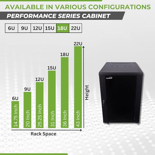 NavePoint 18U Server Cabinet Wall Mount Rack Enclosure with Caster Wheels, 2 Fans, Locking Glass Door, Removable Side Panels – 18U Network Cabinet 23.6” Deep, 19” Server Rack for IT Equipment - size: 18U - 600mm Depth