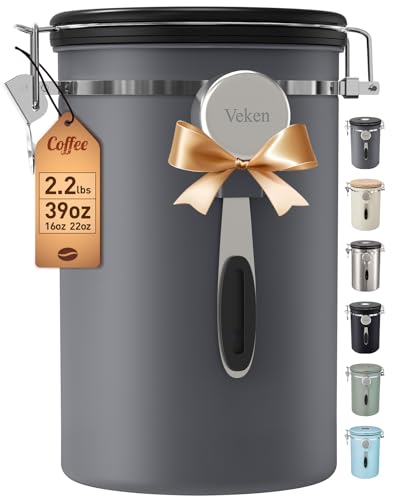 Veken Coffee Canister, 39OZ Large,Airtight Stainless Steel Food Storage Container for 2.2lbs Beans,Ground,Sugar,Espresso,Rice,Tea,Flour,Cereal,Cookie,Lids,Jars,Gifts,Scoop,Kitchen Bar Accessories,Gray - color: Gray, size: 39 oz