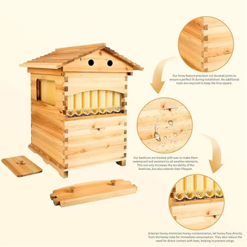 Beehive Starter Kit, Self-Flowing Honey Beehive with Observation Window and Honey Spout, Bee Hives Boxes with Built-in Honey Extraction System for Backyard Beekeeping Cabin Style Beehive