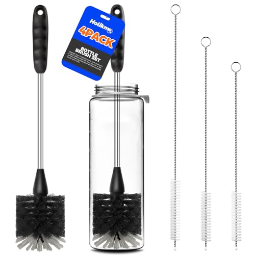 Holikme Bottle Brush Cleaner Set, 14" Long Handle Stainless Steel Bottle Cleaner Brush, 3 Straw Cleaner Brush, Bottle Cleaning Brush for Water Bottle, Cups, Abrasive Wheel Brushes, Straws Black - color: Black