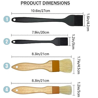 4 Pack Pastry Brush-Basting Brush Pastry Brushes for Baking, Silicone Basting Brush, Basting Oil Brush with Boar Bristles and Beech Hardwood Handles for Kitchen, Grilling and Spreading Oil, BBQ Sauce