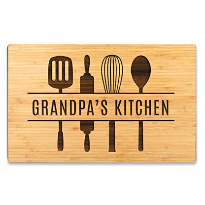 Andaz Press Large Bamboo Wood Cutting Board Gift, 17.75 x 11-inch, Grandpa's Kitchen, Utensils Graphic, 1-Pack, Laser Engraved Serving Chopping Board Christmas Birthday Chef Kitchen Ideas - color: Grandpa