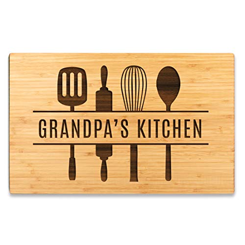 Andaz Press Large Bamboo Wood Cutting Board Gift, 17.75 x 11-inch, Grandpa's Kitchen, Utensils Graphic, 1-Pack, Laser Engraved Serving Chopping Board Christmas Birthday Chef Kitchen Ideas - color: Grandpa