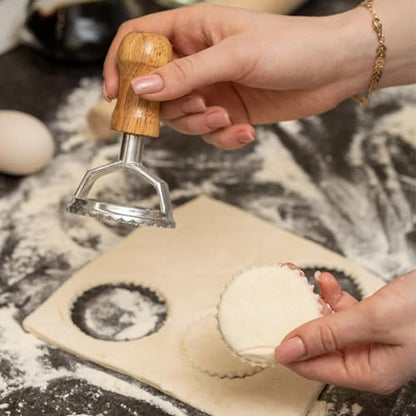 Tiiyee Ravioli Stamp Set, Pasta Cutter Press Dumplings Maker Mold Dough Dumpling Crimper Cookies Making Tool Wooden Handle Fluted Edge Kitchen Attachment Round Square Heart Shape for Lasagna Pierogi