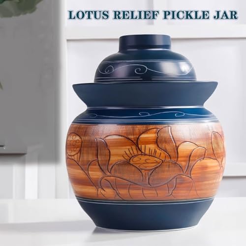 Retro Kimchi Jar with Embossed Lotus Pattern, Water-Sealed Fermentation Tank, Handmade Ceramic Pickling Crock, with Double Lid(5kg/176.4oz) - size: 5kg/176.4oz