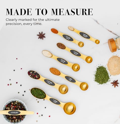 Magnetic Measuring Spoons Set – Stainless Steel Gold Measuring Spoons for Cooking and Baking – Cute and Durable Gold Kitchen Accessories - Great for Gifting - color: Black & Brass Gold