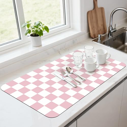 17" x 32" Checkered Dish Drying Mat for Kitchen Counter, Absorbent Coffee Bar Mat for Espresso Machine Coffee Countertops Accessories, Pink - color: Pink, size: 17" x 32"