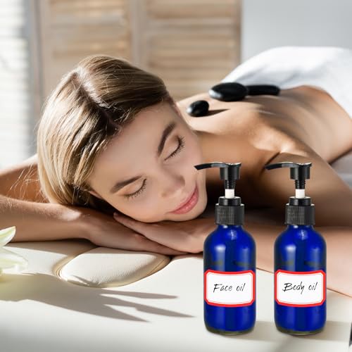 Fumete 2 Pack Glass Bottles 4oz Empty Refillable Liquid Containers with 1 Label 1 Funnel for Essential Oils Hair Travel Plants Cleaning Skin Care(Blue, Black Top,Pump Bottle) - color: Blue, Black Top, style: Pump Bottle