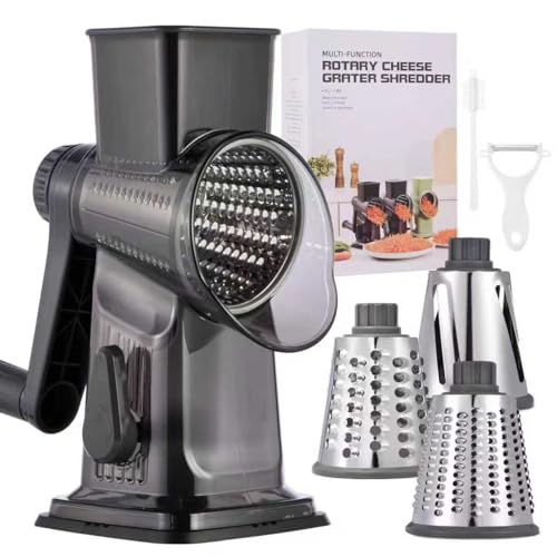 Rotary Cheese Grater with Handle Kitchen Shredder Slicer Grater Slicer Ice Shaver Cheese Vegetable Nuts Potato Zucchini Chocolate 3 Interchangeable Blades (Dark Grey TSP) - color: Dark Gray