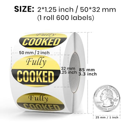 600 PCS Fully Cooked Stickers Roll 1.25x2 Inch Grocery Store Food Gold Labels Waterproof Self Adhesive Removable Label for Business Supermarket