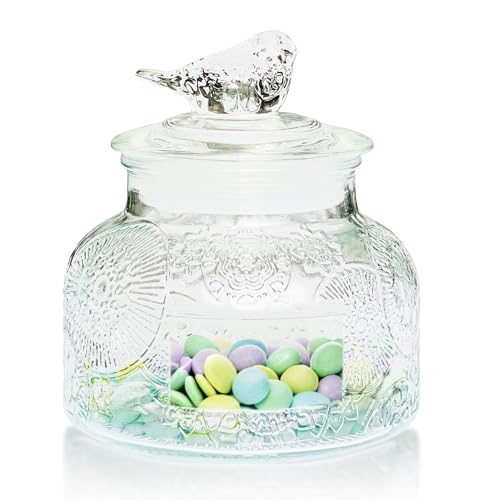 Decorative Glass Jar with Airtight Glass Bird Lid 25.4 oz, Wide Mouth Vintage Kitchen Food Storage Container for Cookie Candy Honey Flour Spice Coffee Tea, Home Decor Sand Candle Holder Vase - size: 25.4 Ounces, style: Clear Flower - Bird Lid