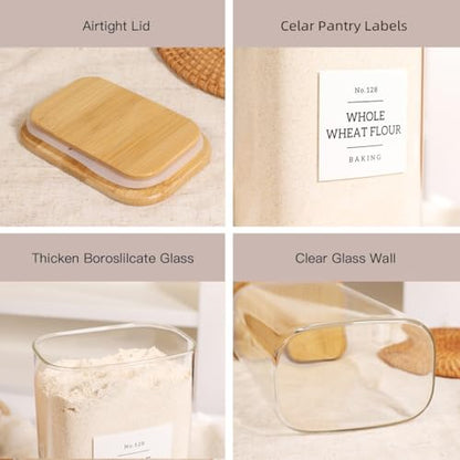 3 Pack Square Glass Pantry Storage Containers with 132 Kitchen Food Pantry Labels - 51 floz Clear Glass Pantry Jars with Airtight Wood Bamboo Lids - Glass Canisters for Candy, Cereal, Coffee, Spice - size: 51oz-3pack