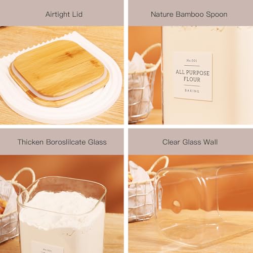 2 Pack large Square Glass Flour and Sugar Containers with 132 Kitchen Pantry Labels - 110 floz & 51 floz - Glass Jars with Airtight Bamboo Lid - Glass Rice Canisters for Coffee, Pasta, Cookie, Cereal - size: 110oz/51oz