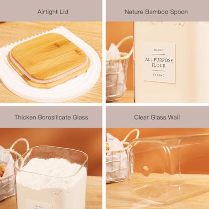 2 Pack large Square Glass Flour and Sugar Containers with 132 Kitchen Pantry Labels - 110 floz & 51 floz - Glass Jars with Airtight Bamboo Lid - Glass Rice Canisters for Coffee, Pasta, Cookie, Cereal - size: 110oz/51oz
