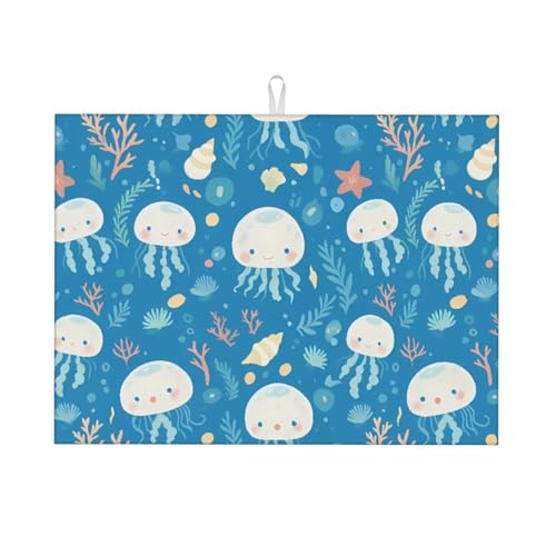 Cute Cartoon Jellyfish and Coral Dish Drying Mat for Kitchen Counter Microfiber Absorbent Reusable Washable 18x24in - color: Cute Cartoon Jellyfish And Coral
