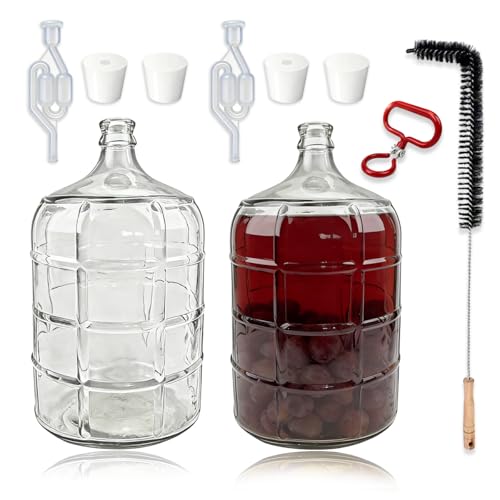 2 Pcs 5 Gallon Glass Carboy with Undrilled Drilled Rubber Stoppers Carboy Handle and Bubble Airlock Brush Transport handles Wine Fermenter Beer Fermenting Jug Glass for Beer Wine Equipment